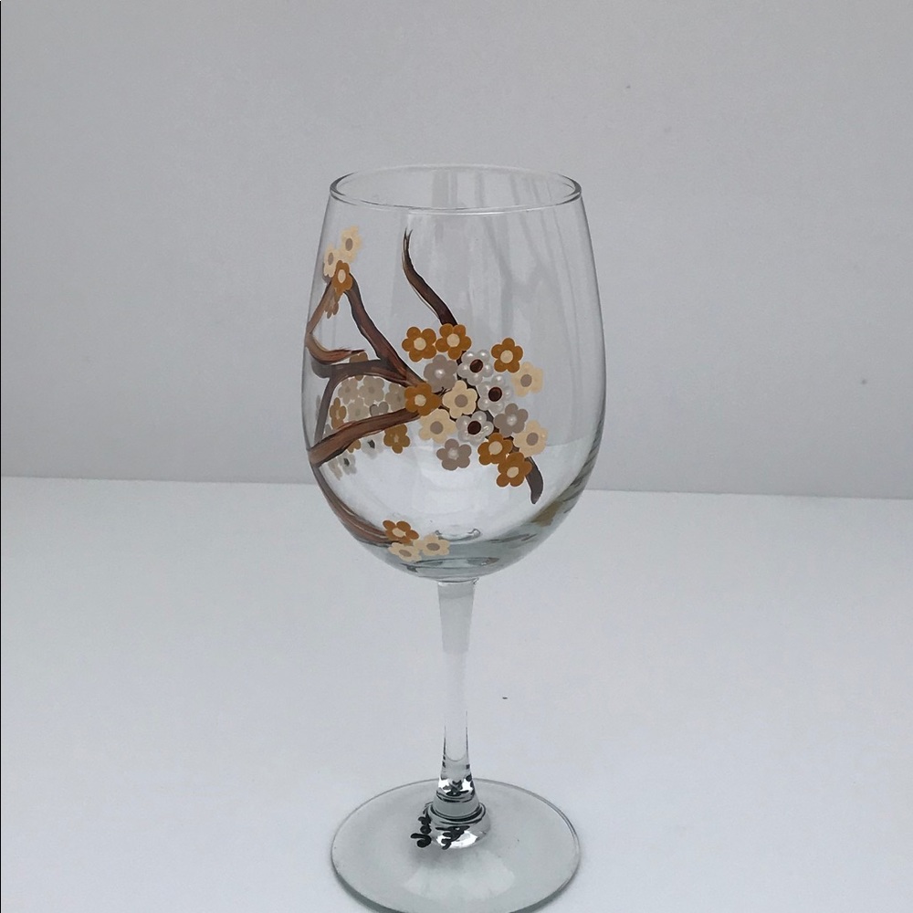 Hand Painted Wine Glass Golden Cherry Blossoms